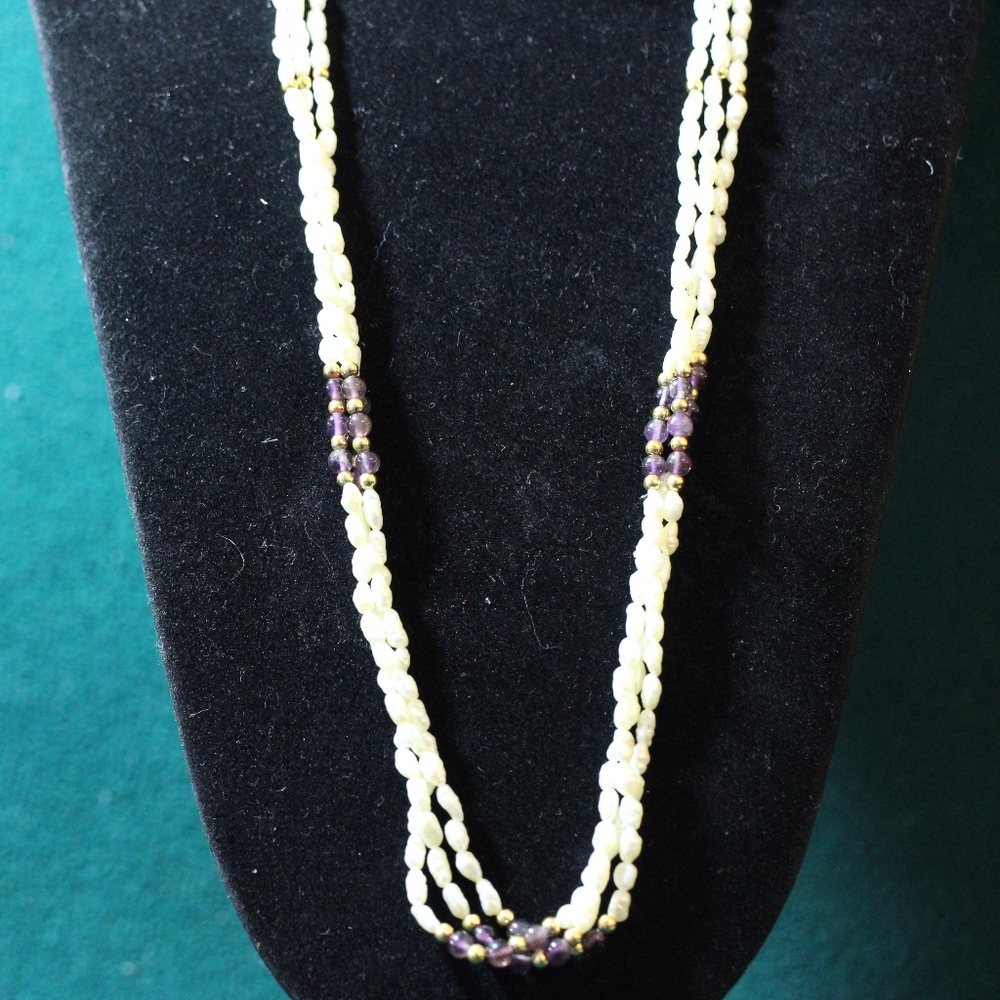White Seed Pearl Gold Amethyst Necklace Bracelet